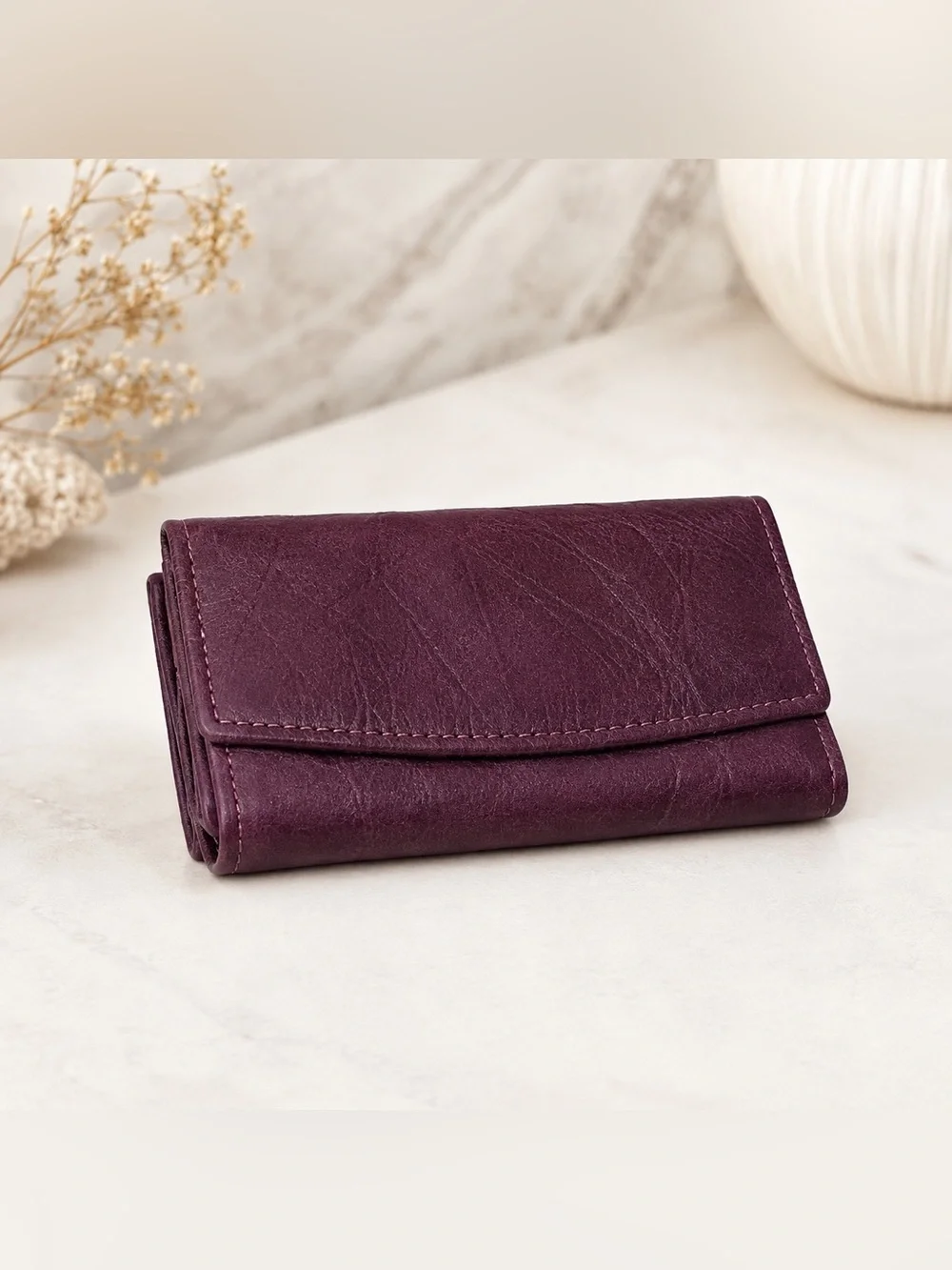 Burgundy Plum Tri Fold Wallet Clutch Organizer Snap Zip Pocket
